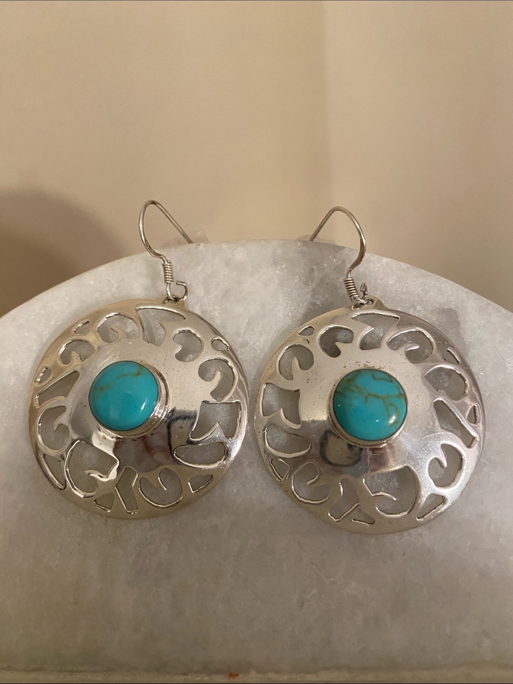 Vintage Mexico 925 Sterling Silver Turquoise Cut Out Disc Dangle Earrings
